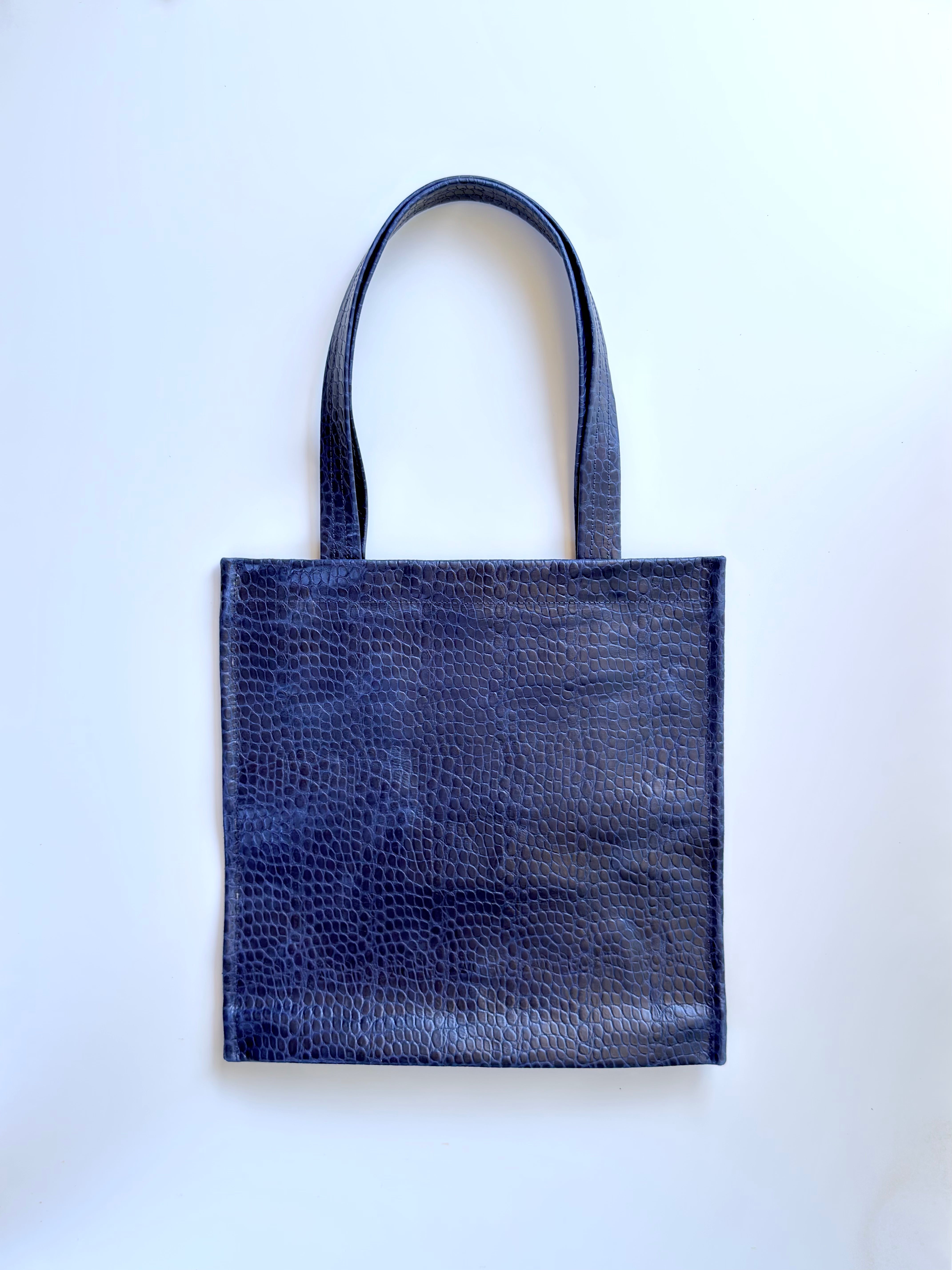 Tote Bag in Pelle Blu Scuro Stampa tonda