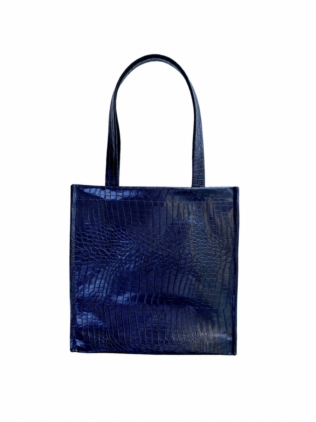 Tote Bag in Pelle Blu Scuro Stampa Quadrata