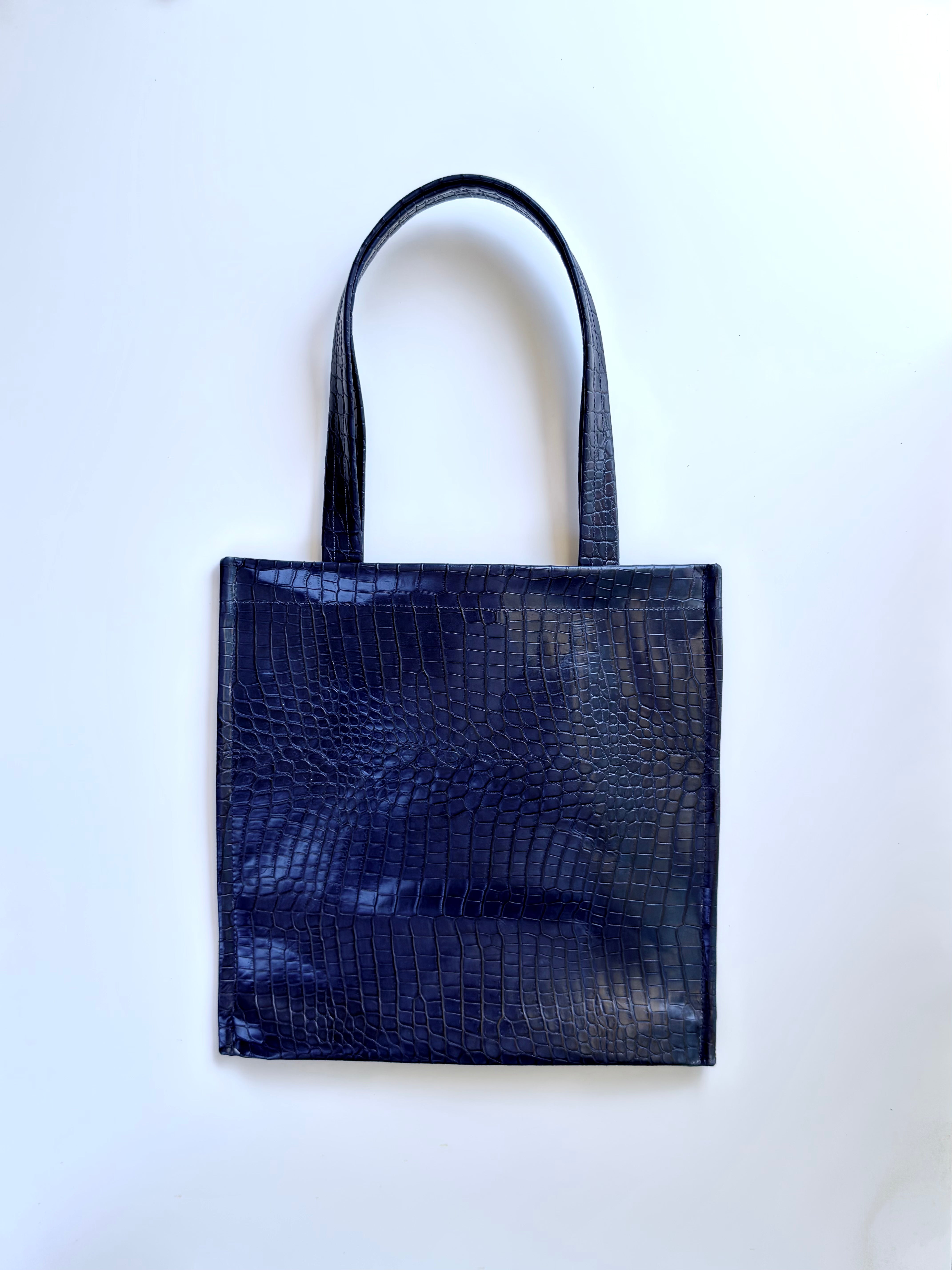 Tote Bag in Pelle Blu Scuro Stampa Quadrata